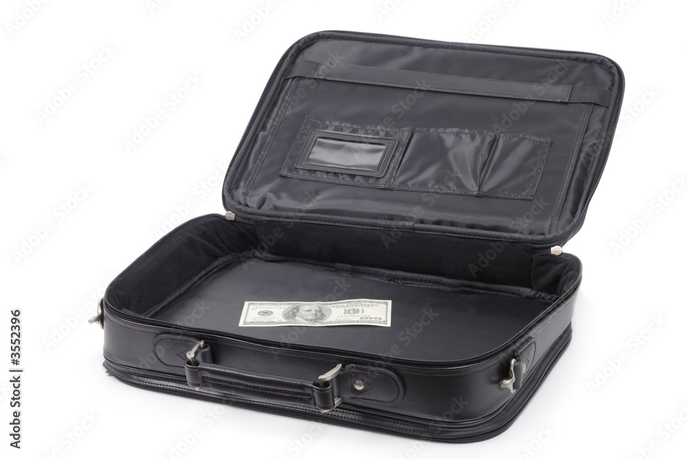 Black briefcase with dollar bill over white background Black briefcase with dollar bill over white background
