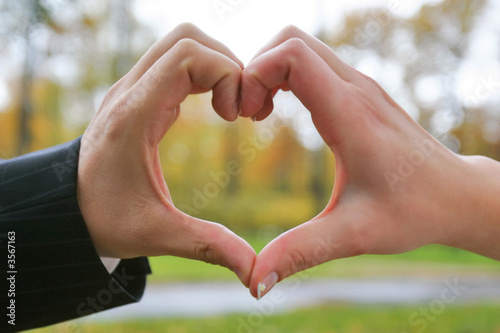 bride and groom holding hands in heart shape