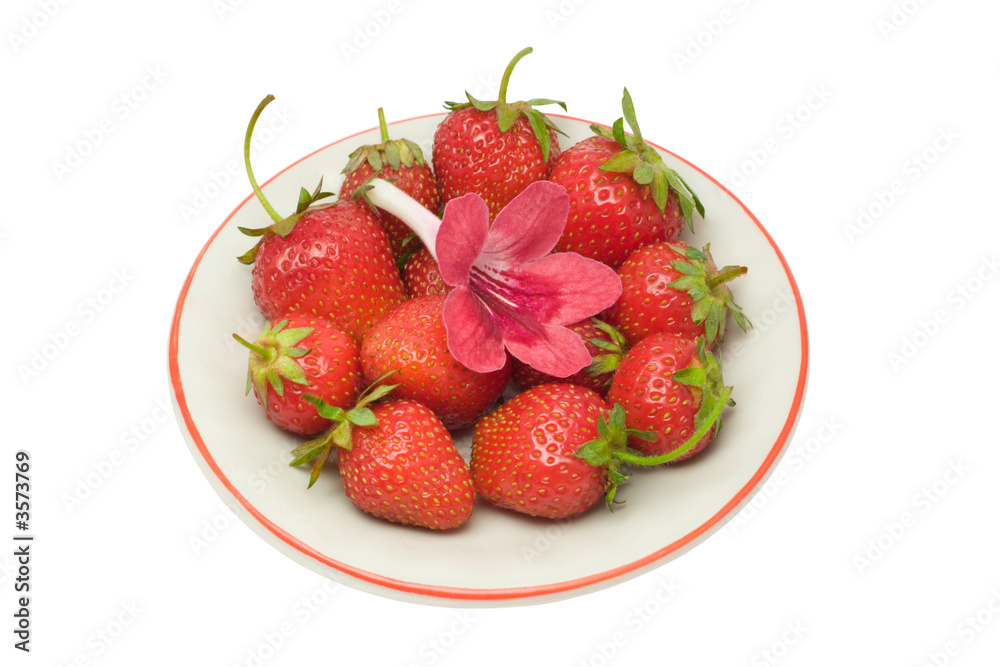 Strawberries and a flower on a saucer, isolated on white Strawberries and a flower on a saucer, isolated on white