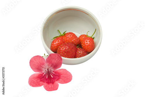 Strawberries in a cup and a flower  isolated on white