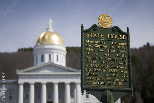 The gold topped state capitol building in Montpelier, Vermont