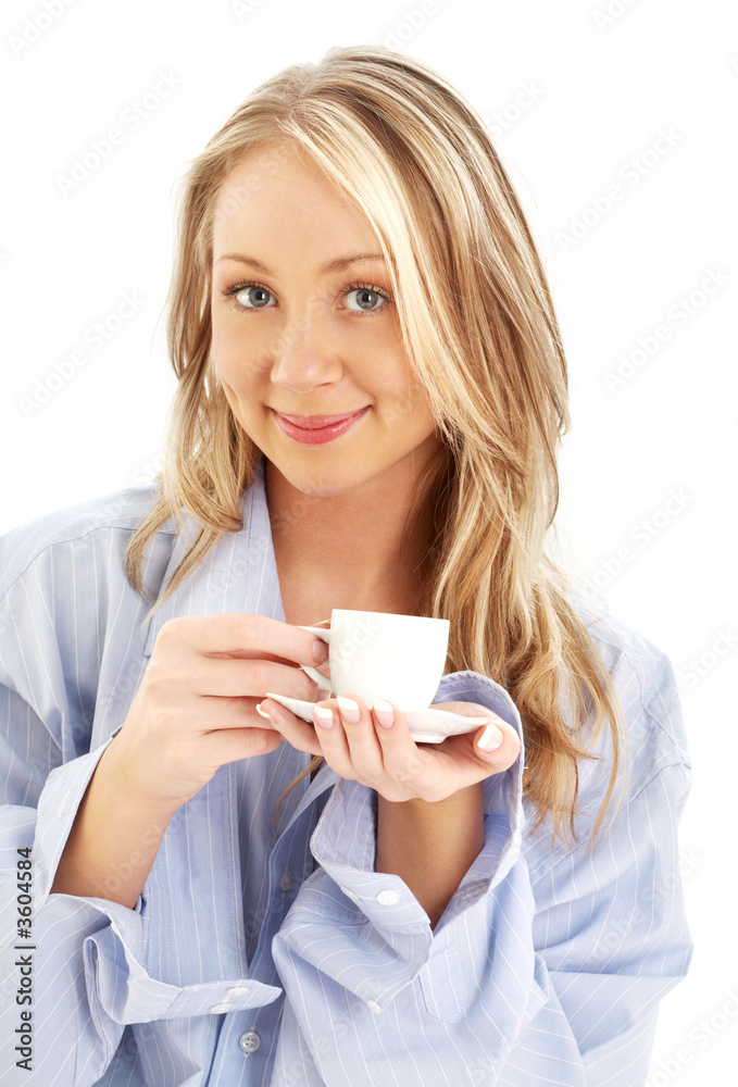 portrait of blond with cup of coffee portrait of blond with cup of coffee