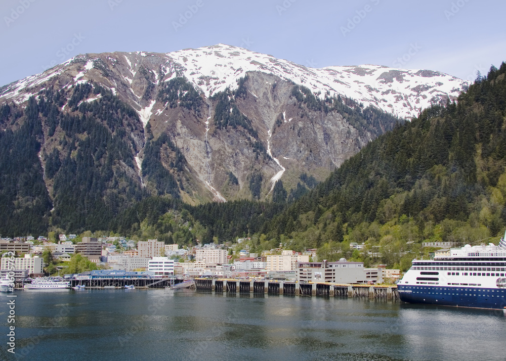 Juneau, Alaska at the base of snow-covered mountains
