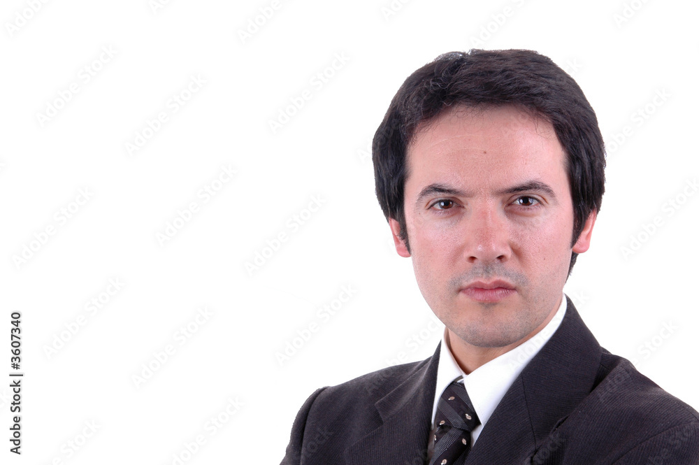 two young business men portrait on white. focus on the right man two young business men portrait on white. focus on the right man
