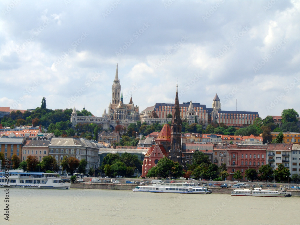 Panoramic view of Buda Hill in Budapest and Danube river