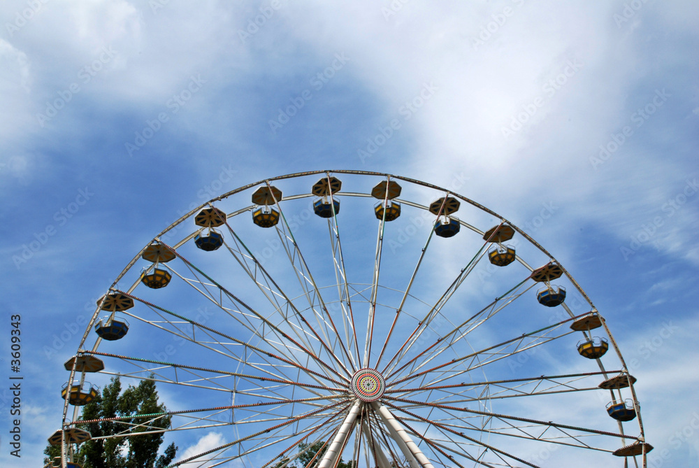 ferris wheel with trees on a blue sky