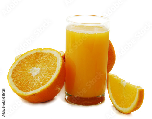 glass of orange juice and oranges