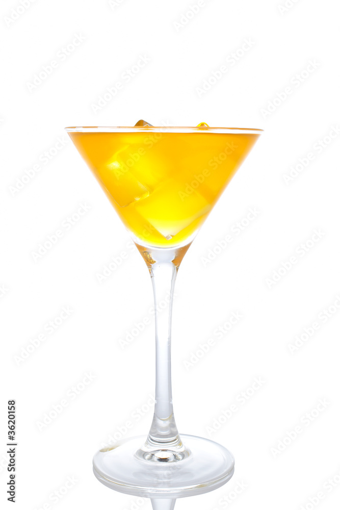 A glass of fresh orange cocktail reflected on white background