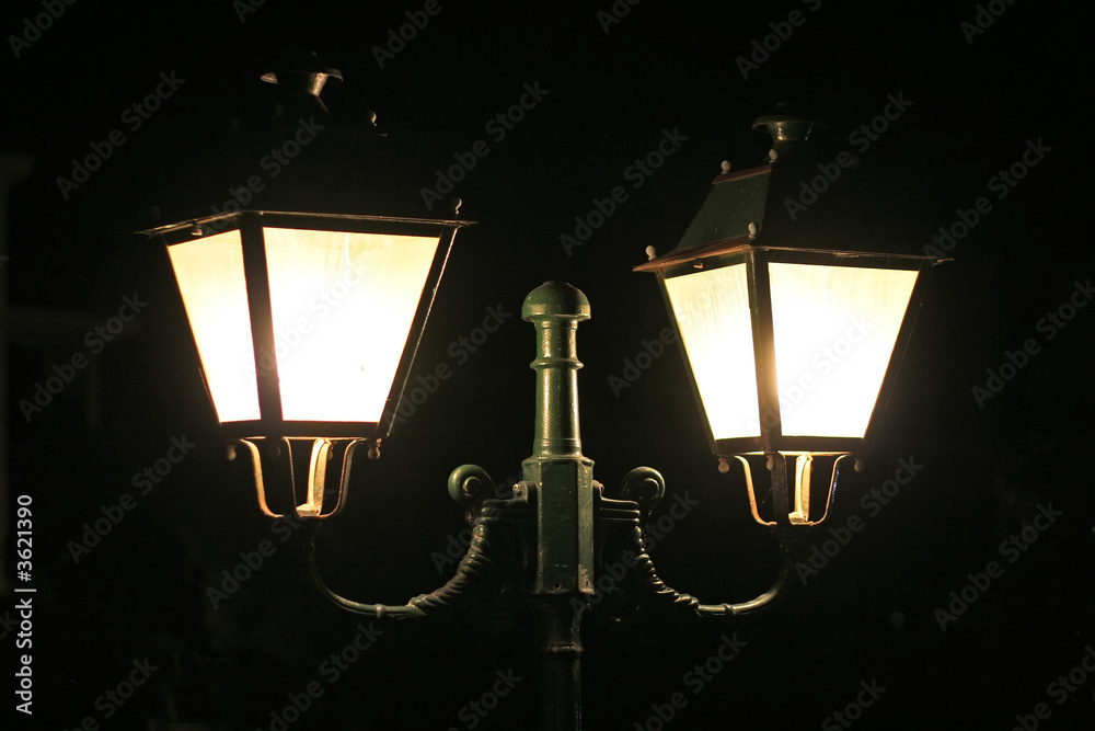 A pair of ornamental street lamps in the night