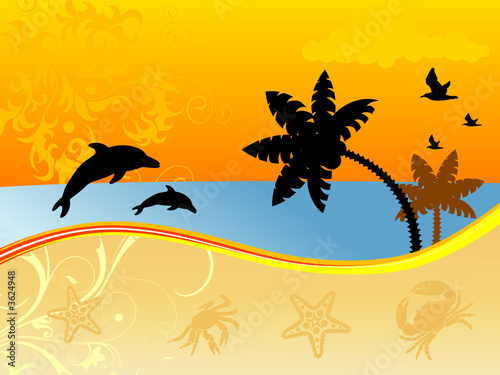Summer background with palm tree, dolphin
