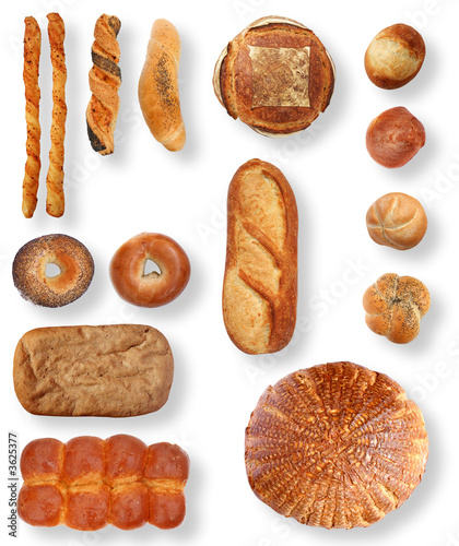Selection of fresh baked breads isolated on white.