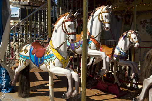 Carousel with white horse panoramic from the front