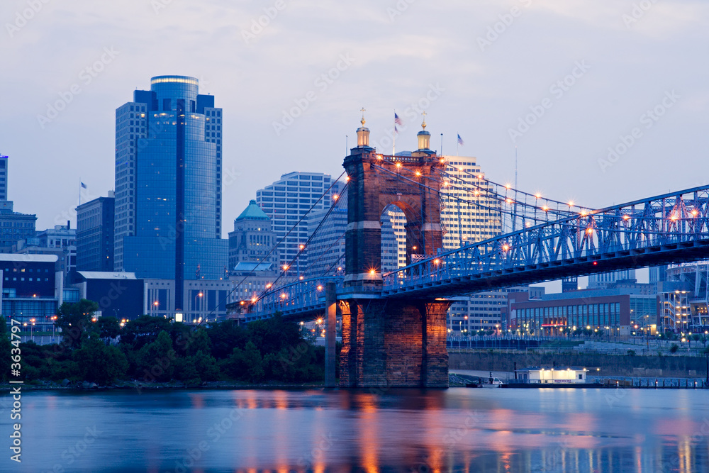 Cincinnati buildings and Roebling Suspension Bridge.