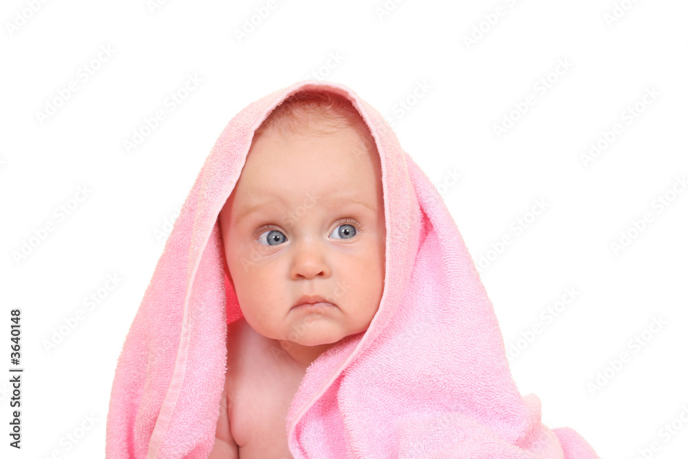 8 months baby girl in pink towel isolated on white 8 months baby girl in pink towel isolated on white