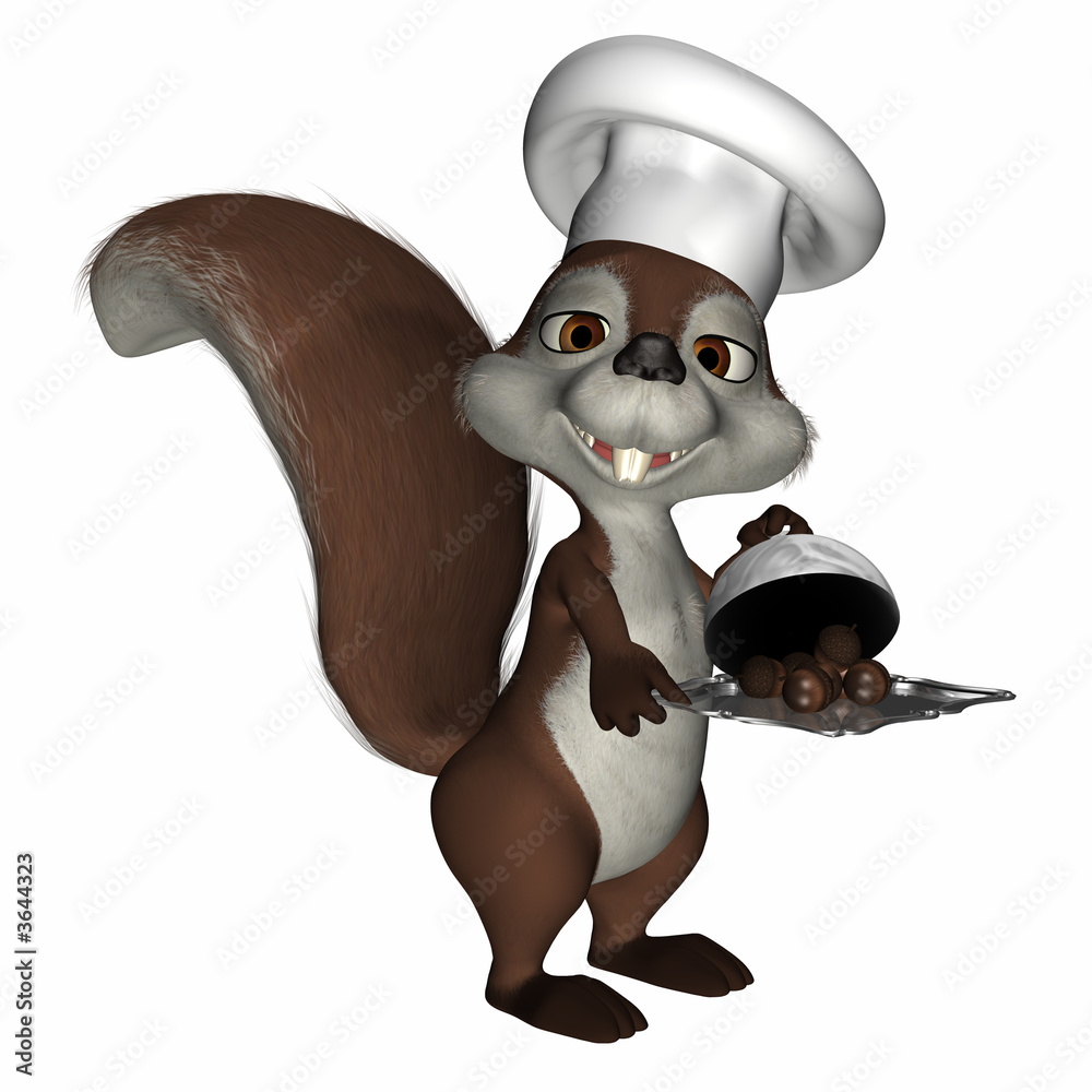 Fototapeta premium Squirrel wearing a chef hat, holding a tray loaded with nuts