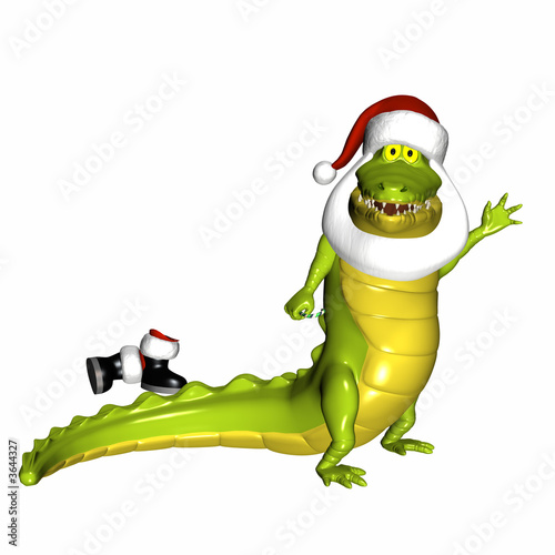 Photography Crocodile wearing Santa's hat and beard and holding a candycane.