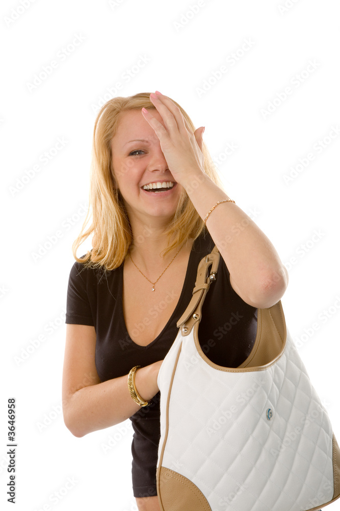 the blond woman with leather handbag isolated on white the blond woman with leather handbag isolated on white