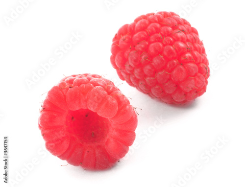 two ripe raspberries with shadow on white background photo