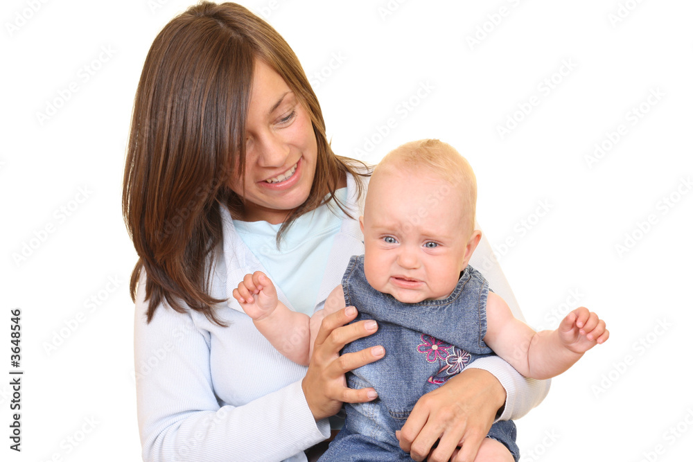 portrait of mother and 8 months daughter isolated on white portrait of mother and 8 months daughter isolated on white