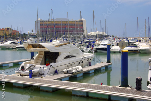 Luxurious yachts docked in marina near large hotel photo