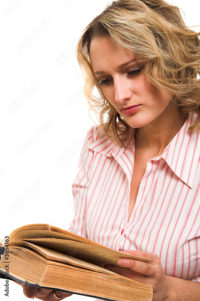 young girl with old big book isolated on white young girl with old big book isolated on white