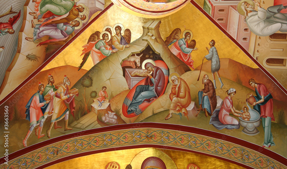Fresco of Nativity in orthodox monastery on Mount Tabor - obrazy, fototapety, plakaty 