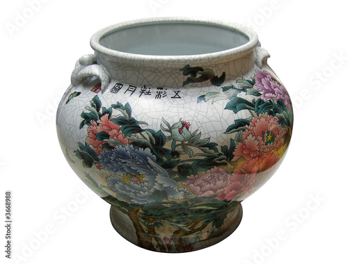 Chinese vase with design of flowers and hieroglyphs.