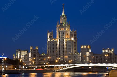 Russia, Moscow, night city. Building and River and Bridge
