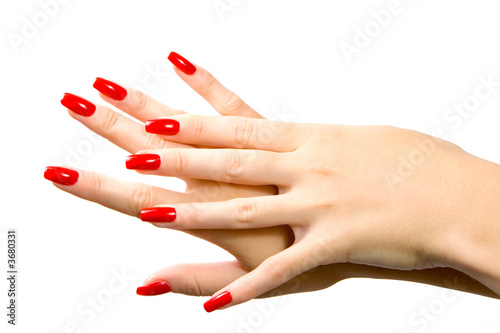 Tela Woman hand with red nails isolated in white background