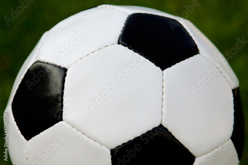 photo of a Soccer ball upon the green grass