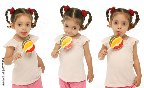 Little girl holding a lollipop with different expressions
