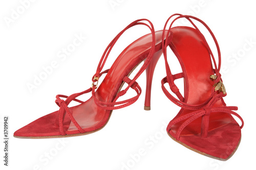 Red shoes on a high heel on a white background