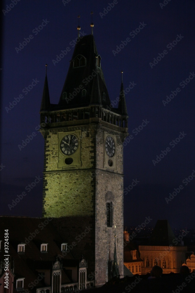 prague town hall tower at night