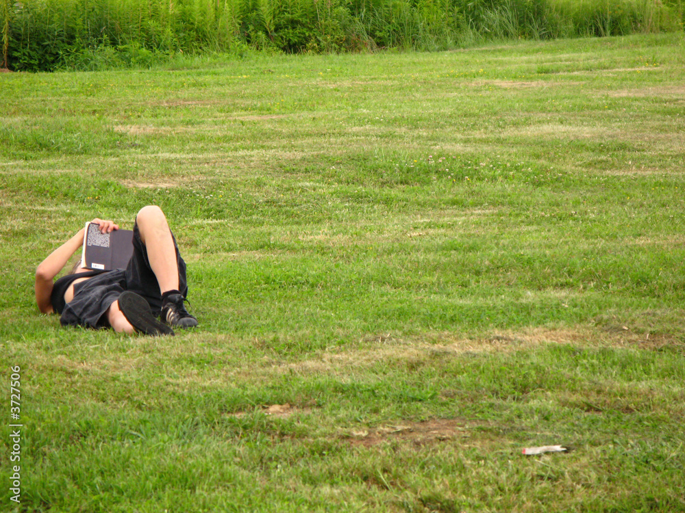 ein Buch lesende Person entspannt sich auf grüner Wiese ein Buch lesende Person entspannt sich auf grüner Wiese