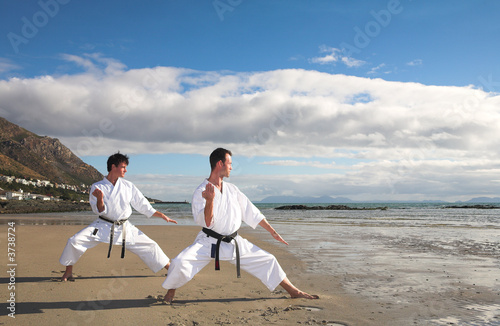 Young adult men with black belt practicing a Kata 