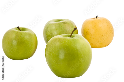Four fresh apples in drops of water on a white background