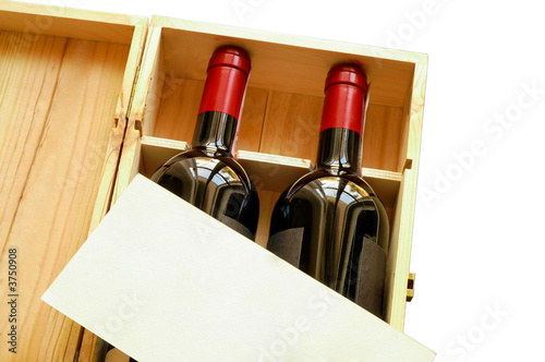 Wood gift box with wine bottles and card with clipping path