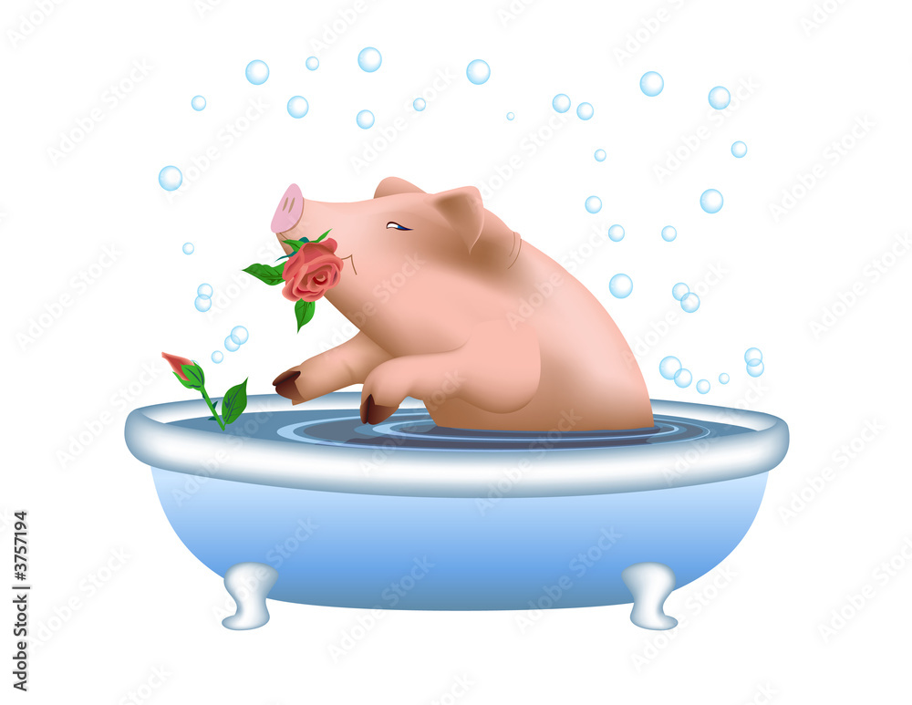 Obraz Happy pig taking bath. Digital illustration.