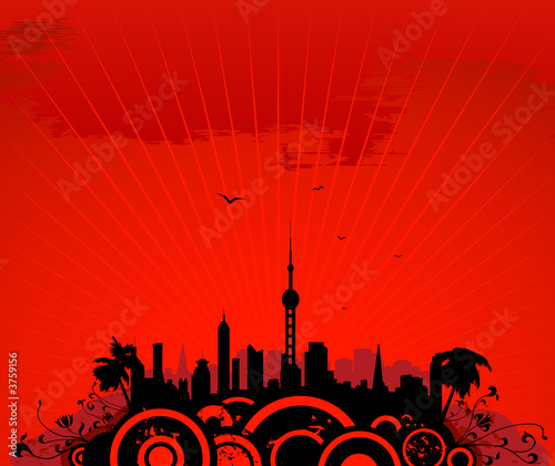 Cityscape with tower spread...