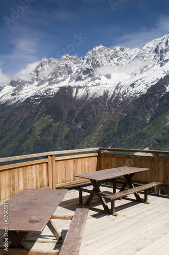 View of Aiguille Du Midi from picnic seats in Parc de Merlet  © Stephen Meese