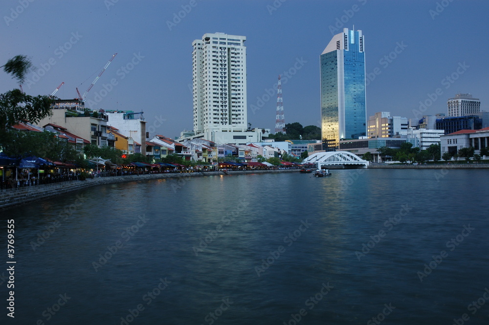 Sunset, modern building and river in the city