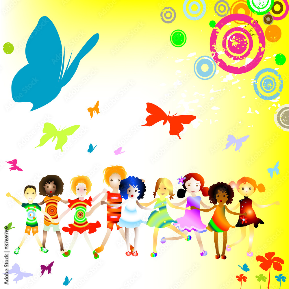 Group of kids with flowers and butterflies