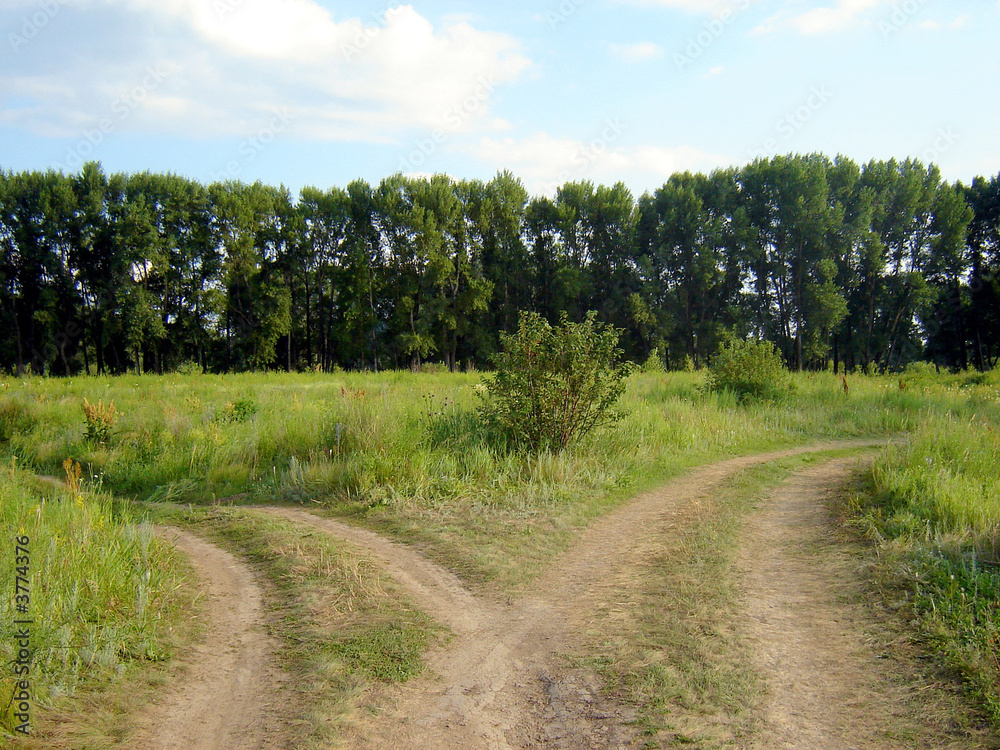 The road junction and blue sky and green grass