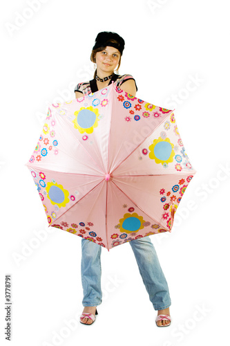 Young girl with umbrella. Isoalte on white. photo