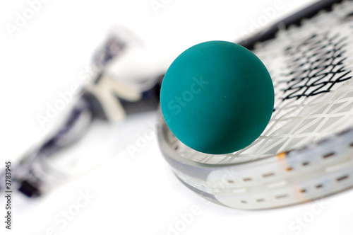 Close up shot of racquetball gear on a white background.