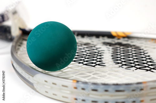 Close up shot of racquetball gear on a white background.
