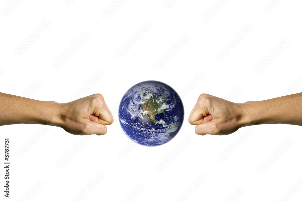Two hands trying to smashing the blue earth