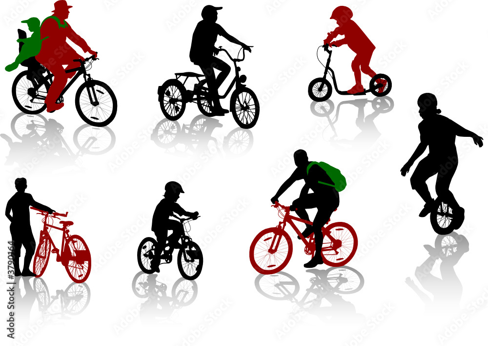 Fototapeta premium Silhouettes of people on bicycles and a scooter