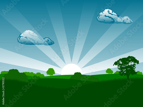 Summer sunrise landscape with trees and grass 