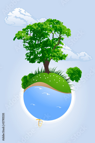 Abstract green planet with trees grass and windsurfing 